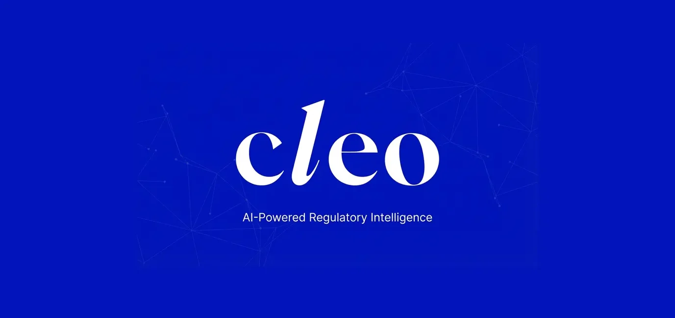 Cleo logo on a blue background with the tagline 'AI-Powered Regulatory Intelligence'.