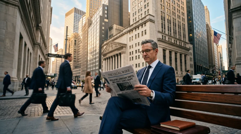 A man in a navy suit sits on a wooden bench reading a newspaper titled 'The Legal Wire' on a busy city street with tall buildings and pedestrians nearby.