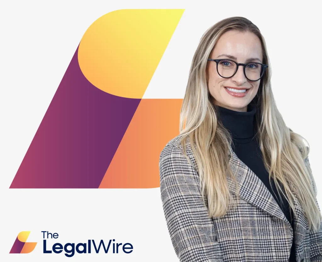 Smiling woman with glasses beside the abstract purple-yellow logo for The LegalWire on a white background.