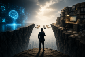 Man in a suit stands on a narrow cliff ledge, bridging a holographic brain and futuristic icons on one side with a cluttered, paper-strewn office on the other, overlooking a city below.