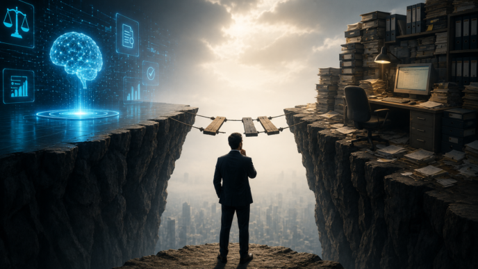 Man in a suit stands on a narrow cliff ledge, bridging a holographic brain and futuristic icons on one side with a cluttered, paper-strewn office on the other, overlooking a city below.