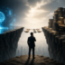 Man in a suit stands on a narrow cliff ledge, bridging a holographic brain and futuristic icons on one side with a cluttered, paper-strewn office on the other, overlooking a city below.