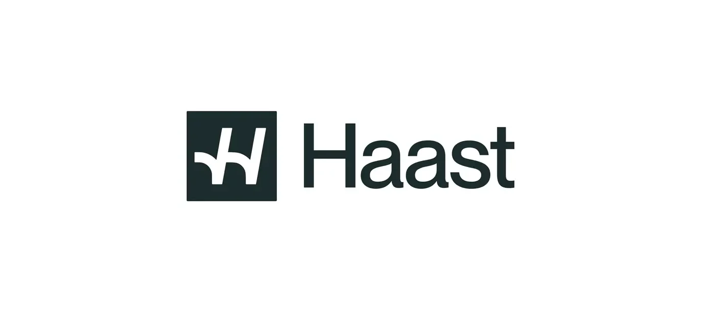Haast logo: dark square with a white abstract shape, followed by the word Haast.