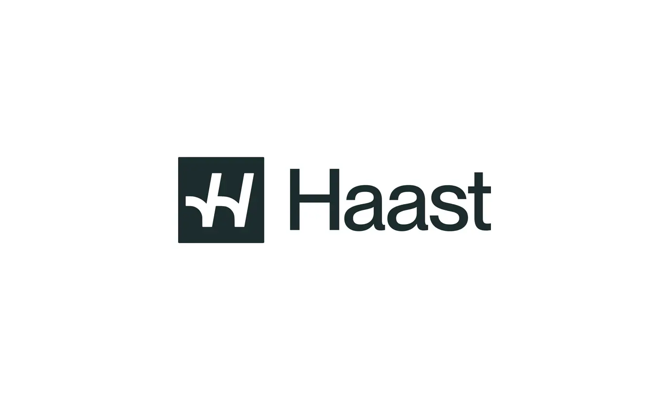 Haast logo: dark square with a white abstract shape, followed by the word Haast.