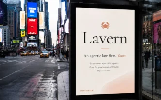 Bus shelter advertisement for Lavern law firm on a busy city street with bright digital billboards in the background, saying 'Lavern' and 'An agentic law firm. Yours.'