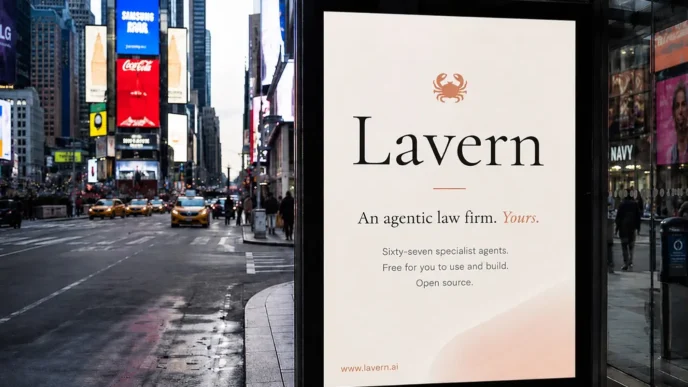 Bus shelter advertisement for Lavern law firm on a busy city street with bright digital billboards in the background, saying 'Lavern' and 'An agentic law firm. Yours.'