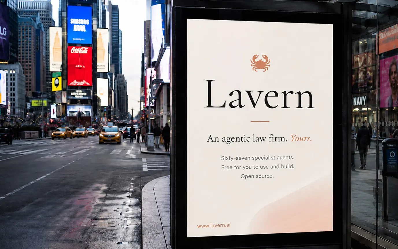 Bus shelter advertisement for Lavern law firm on a busy city street with bright digital billboards in the background, saying 'Lavern' and 'An agentic law firm. Yours.'