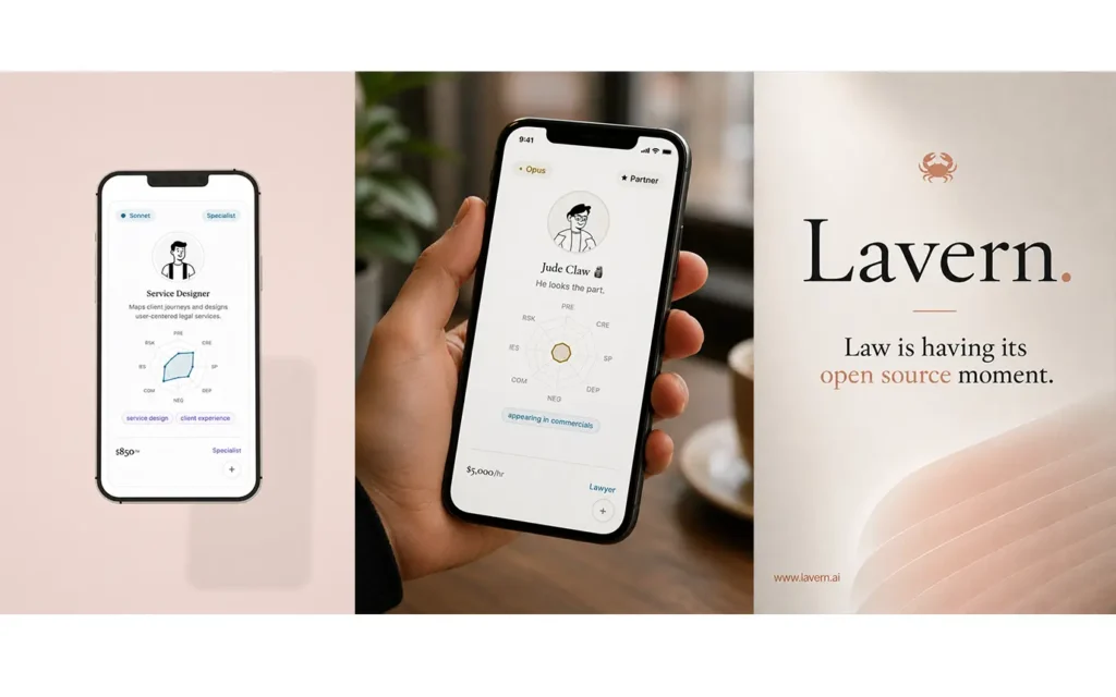 Promotional banner showing two smartphones with a legal services app interface and Lavern branding on the right side.
