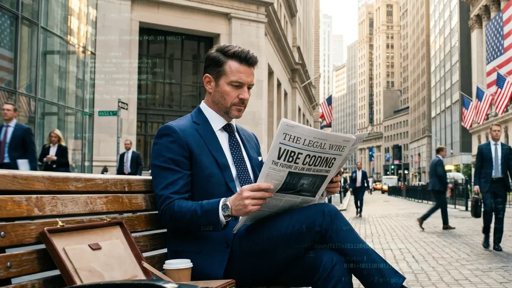 Businessman in a blue suit sits on a wooden bench on a city street, reading a newspaper.