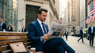 Businessman in a blue suit sits on a wooden bench on a city street, reading a newspaper.