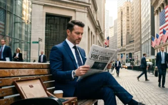 Businessman in a blue suit sits on a wooden bench on a city street, reading a newspaper.