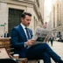 Businessman in a blue suit sits on a wooden bench on a city street, reading a newspaper.
