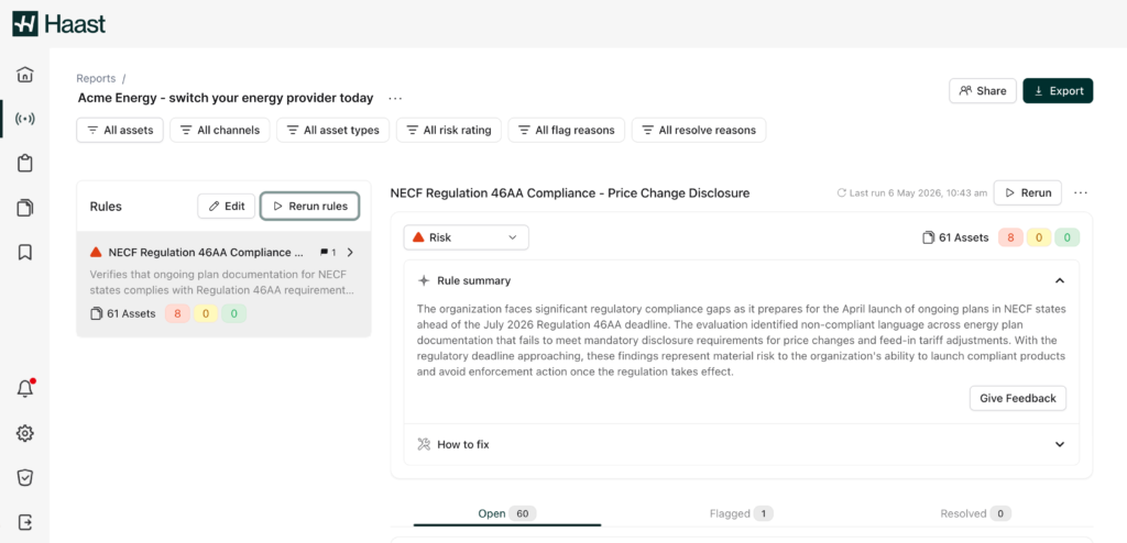 Haast dashboard showing two rule panels: 'ACME Energy - switch your energy provider today' and 'NECF Regulation 46AA Compliance - Price Change Disclosure' with Edit and Rerun rules buttons, and assets counts nearby.