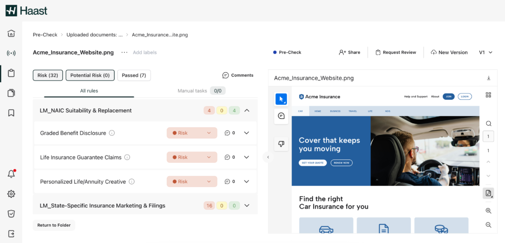 Haast UI: risk dashboard with tabs (Risk, Potential Risk, Passed) and a side navigation rail next to a website preview panel.