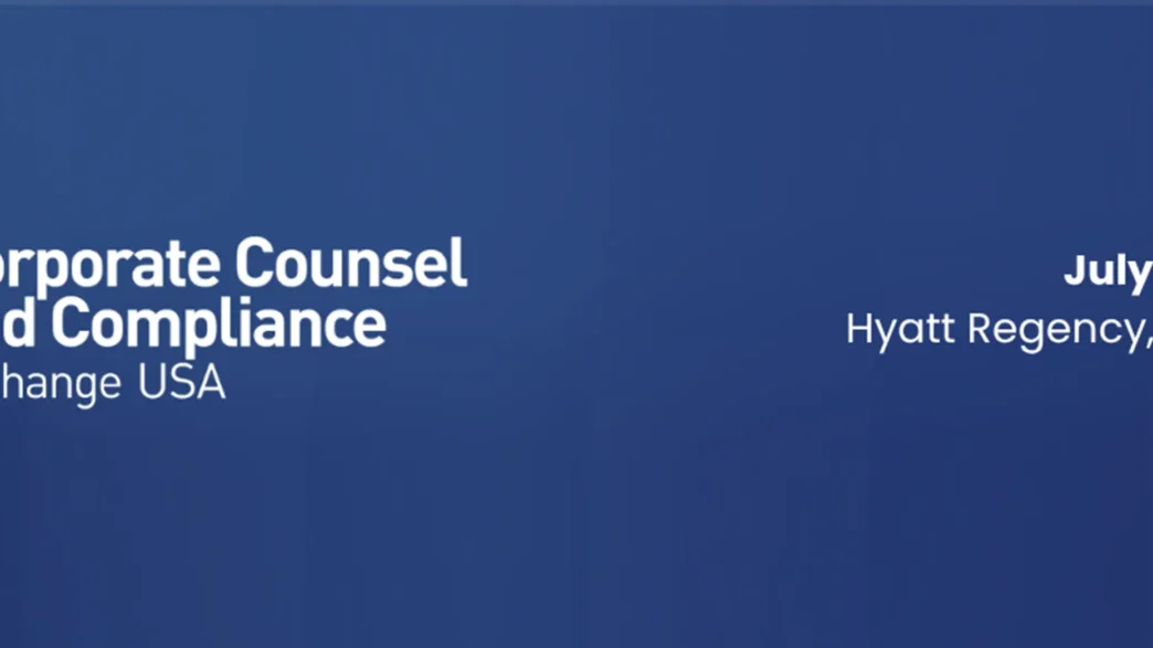 Banner for Corporate Counsel and Compliance Exchange USA event, July 21–22, 2026, Hyatt Regency Jersey City, New Jersey.
