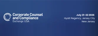 Banner for Corporate Counsel and Compliance Exchange USA event, July 21–22, 2026, Hyatt Regency Jersey City, New Jersey.