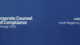 Banner for Corporate Counsel and Compliance Exchange USA event, July 21–22, 2026, Hyatt Regency Jersey City, New Jersey.