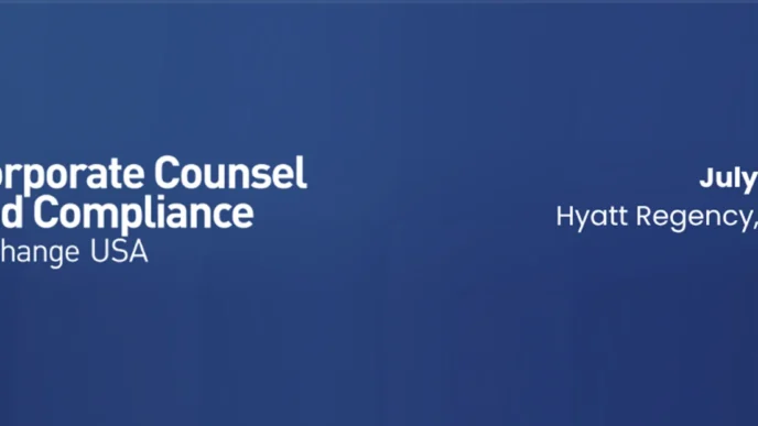 Banner for Corporate Counsel and Compliance Exchange USA event, July 21–22, 2026, Hyatt Regency Jersey City, New Jersey.