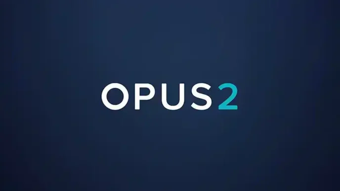 OPUS2 logo on a dark blue gradient background.