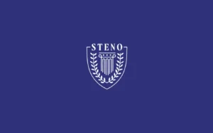 White crest logo on a blue background featuring a laurel wreath surrounding a column with 'STENO' at the top.