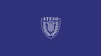 White crest logo on a blue background featuring a laurel wreath surrounding a column with 'STENO' at the top.
