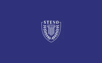 White crest logo on a blue background featuring a laurel wreath surrounding a column with 'STENO' at the top.