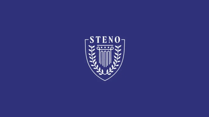 White crest logo on a blue background featuring a laurel wreath surrounding a column with 'STENO' at the top.