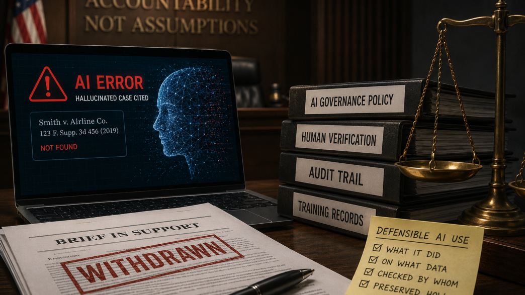 Desk scene with a laptop showing an 'AI ERROR' warning; beside it are stacked binders labeled AI GOVERNANCE POLICY, HUMAN VERIFICATION, AUDIT TRAIL, TRAINING RECORDS, and a brass scales of justice nearby.