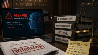 Desk scene with a laptop showing an 'AI ERROR' warning; beside it are stacked binders labeled AI GOVERNANCE POLICY, HUMAN VERIFICATION, AUDIT TRAIL, TRAINING RECORDS, and a brass scales of justice nearby.
