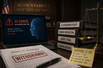 Desk scene with a laptop showing an 'AI ERROR' warning; beside it are stacked binders labeled AI GOVERNANCE POLICY, HUMAN VERIFICATION, AUDIT TRAIL, TRAINING RECORDS, and a brass scales of justice nearby.