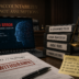 Desk scene with a laptop showing an 'AI ERROR' warning; beside it are stacked binders labeled AI GOVERNANCE POLICY, HUMAN VERIFICATION, AUDIT TRAIL, TRAINING RECORDS, and a brass scales of justice nearby.