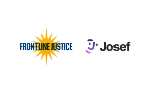 Pair of logos: Frontline Justice with a yellow sunburst and blue text, next to the Josef logo with a purple icon and bold black text on white background.