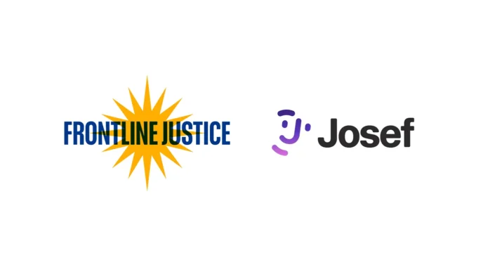 Pair of logos: Frontline Justice with a yellow sunburst and blue text, next to the Josef logo with a purple icon and bold black text on white background.