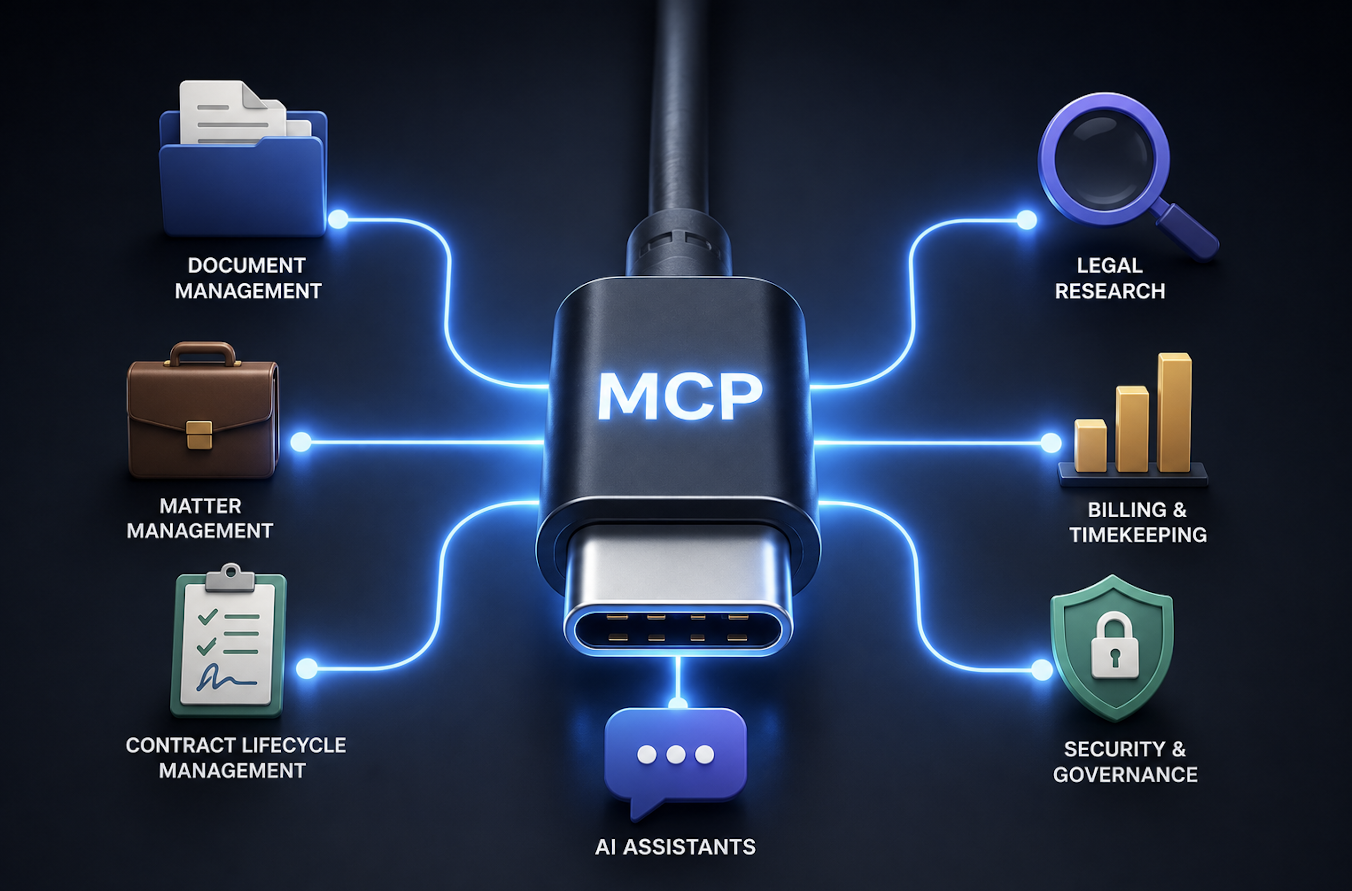 Infographic showing MCP hub linking document management, legal research, billing, security, and AI assistants.